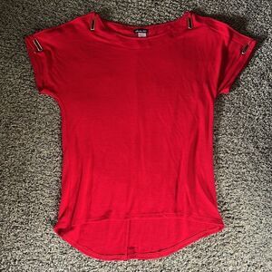 Olivia blu , Red short sleeve ,cold shoulder with metal grommets,back longer,